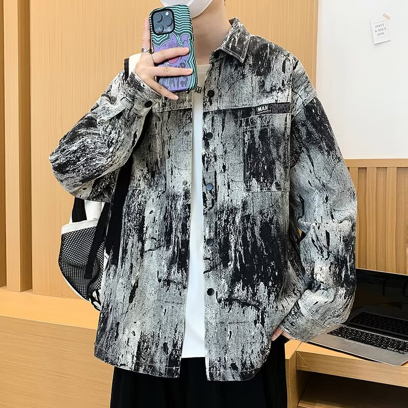 美式扎染印花纯棉衬衫男春秋季潮牌超大码300斤胖子宽松工装夹克