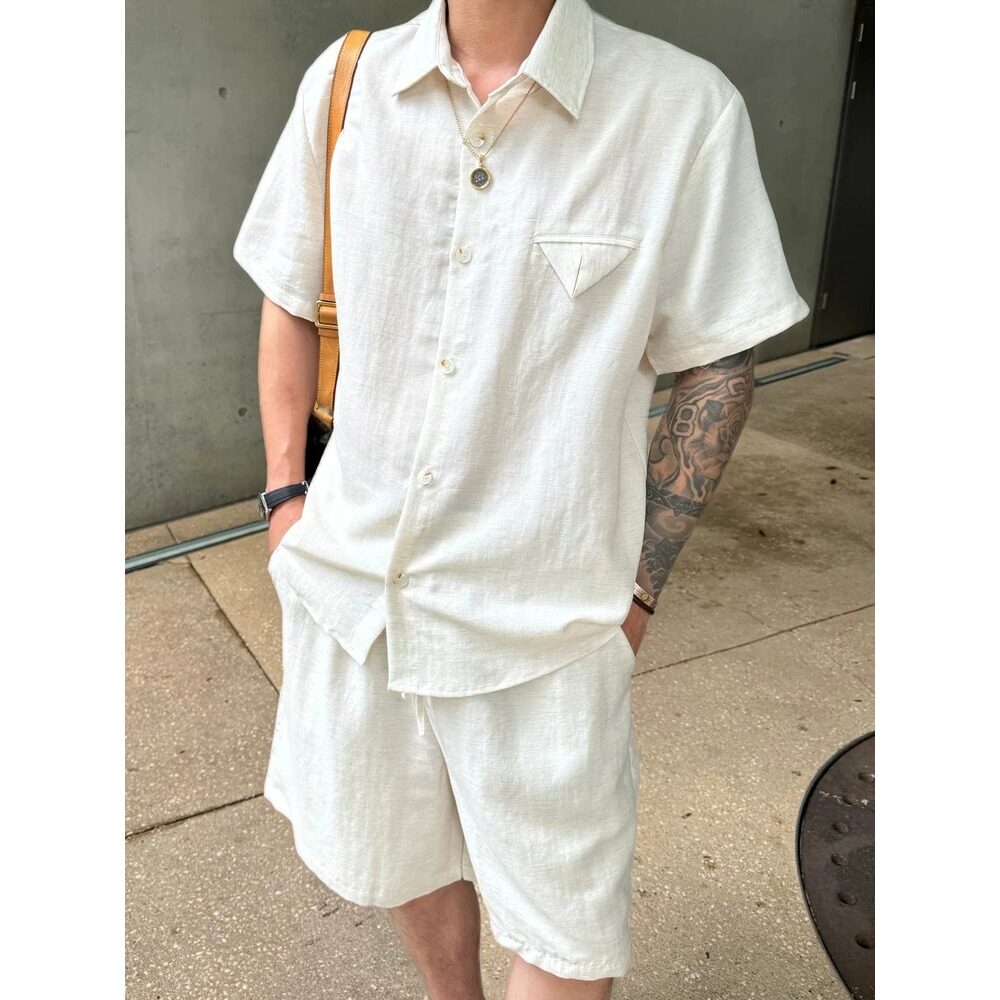 夏季薄款翻领衬衫短袖套装男款透气休闲运动加肥大码松弛感两件套