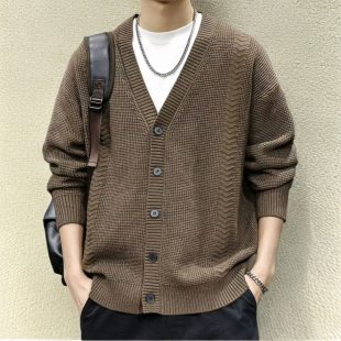 高端美式复古肌理感V领排扣开衫外套男秋冬宽松大码加肥潮流毛衣