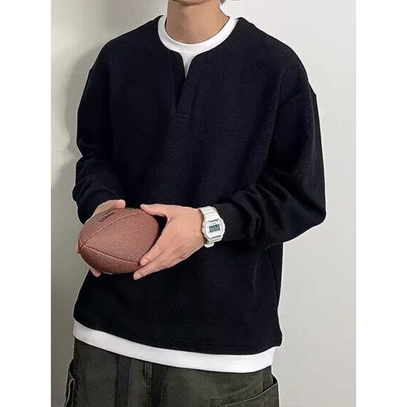 美式复古假两件卫衣男秋冬季新品特大码胖子宽松时尚V领纯色上衣