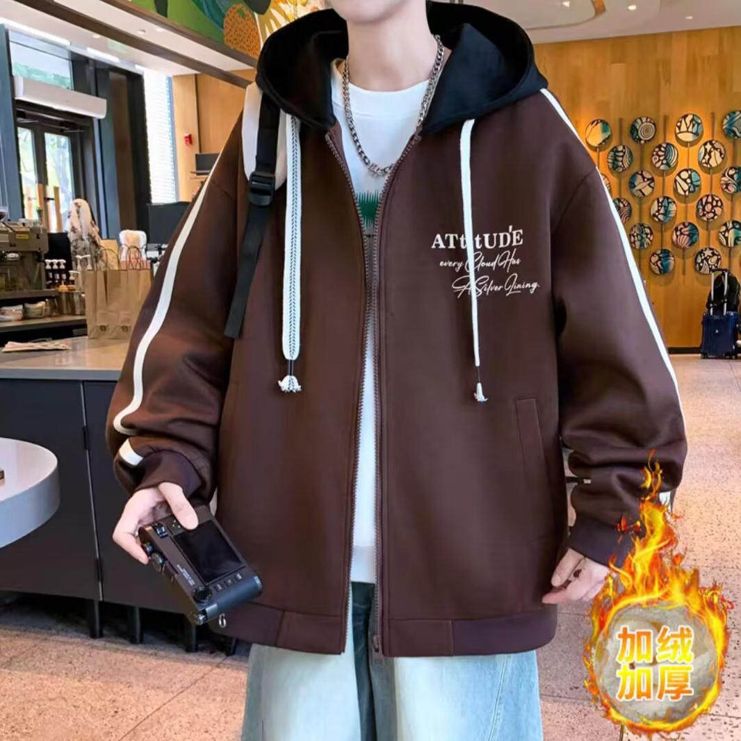 秋冬季新款连帽外套男孩卫衣加绒加厚宽松超大码300斤胖子棒球服