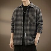 子衬衫 男士 长袖 复古风格 翻领宽松百搭高级感痞帅休闲大码 毛呢衬衣