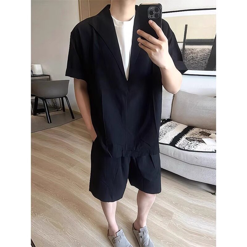 美式cleanfit老钱风男士夏季短袖衬衫短裤宽松大码轻奢高级感套装
