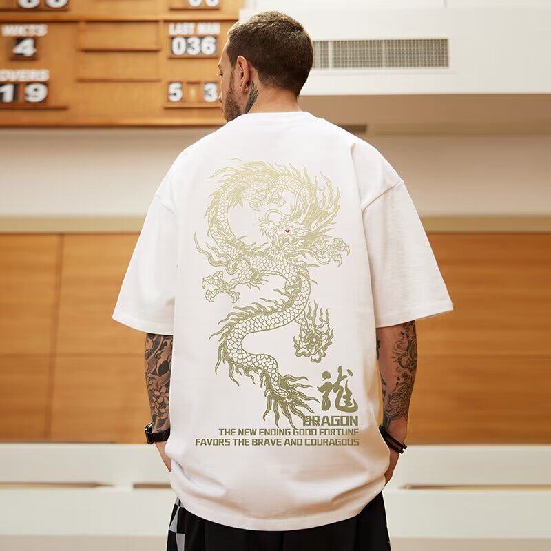 2024夏季新款国潮龙年本命年大码短袖T恤男士宽松潮流胖子五分袖图片