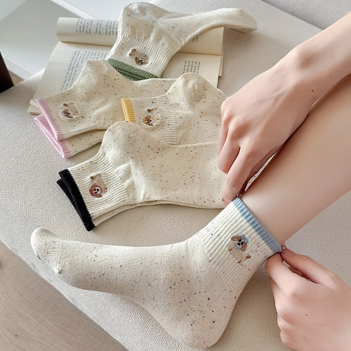 【5双】春夏季薄款点子纱刺绣卡通可爱小狗狗纯棉女短袜