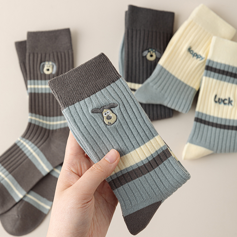 【5双】秋冬之蓝，双针刺绣中筒女袜子蓝色系时尚魅力包好看