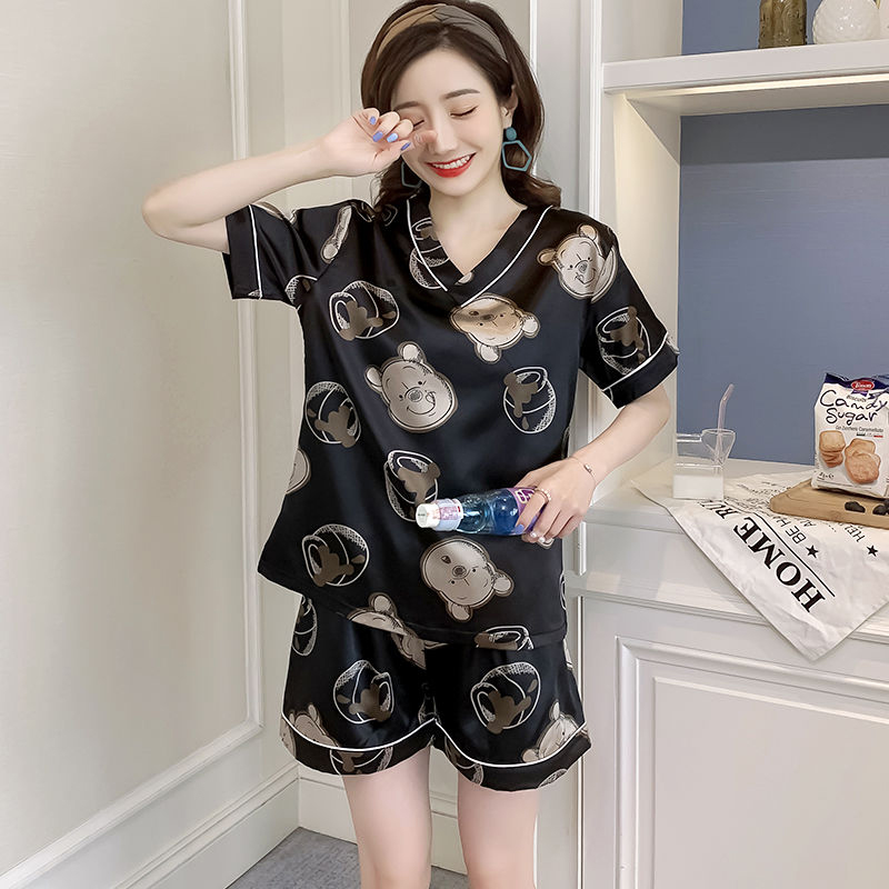 派妮斐睡衣女夏季短袖套装韩版宽松性感薄款丝滑夏天女士家居服