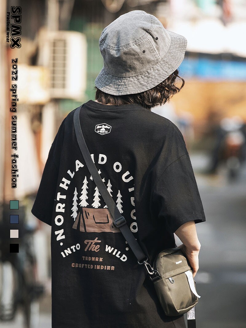 SPMX 봄 여름 새로운 미국 복고풍 문자 인쇄 반팔 티셔츠 남성과 여성을위한 느슨한 유행 브랜드 반팔 탑 TEE