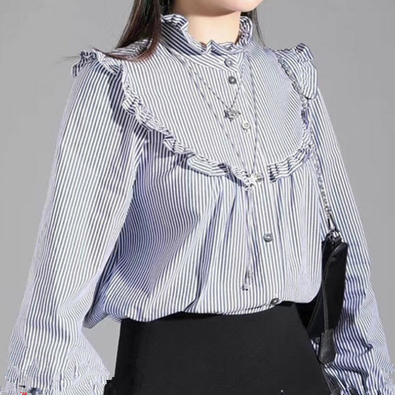 阿玛施旗舰店官网正品2020秋季新款百搭休闲条纹花边长袖衬衫女