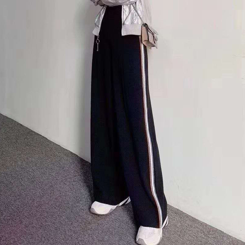 阿玛施旗舰店官网夏新款黑色显瘦拼条纹边宽松阔腿裤休闲校服长裤