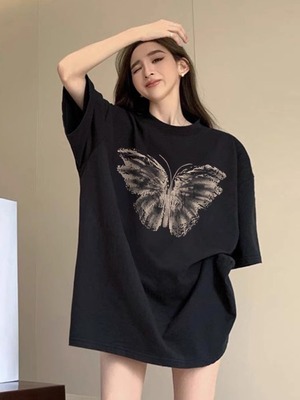 黑色潮牌宽松大版t恤女夏季设计感小众中遮臀中长款炸街短袖上衣