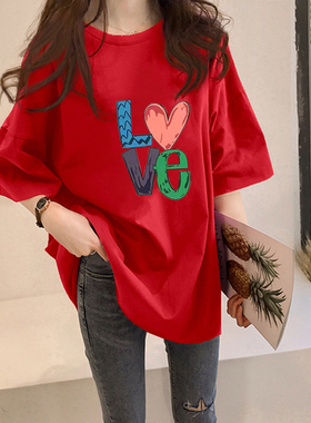 红色纯棉中长款短袖T恤女潮牌小众设计感韩版夏季新款宽松上衣ins