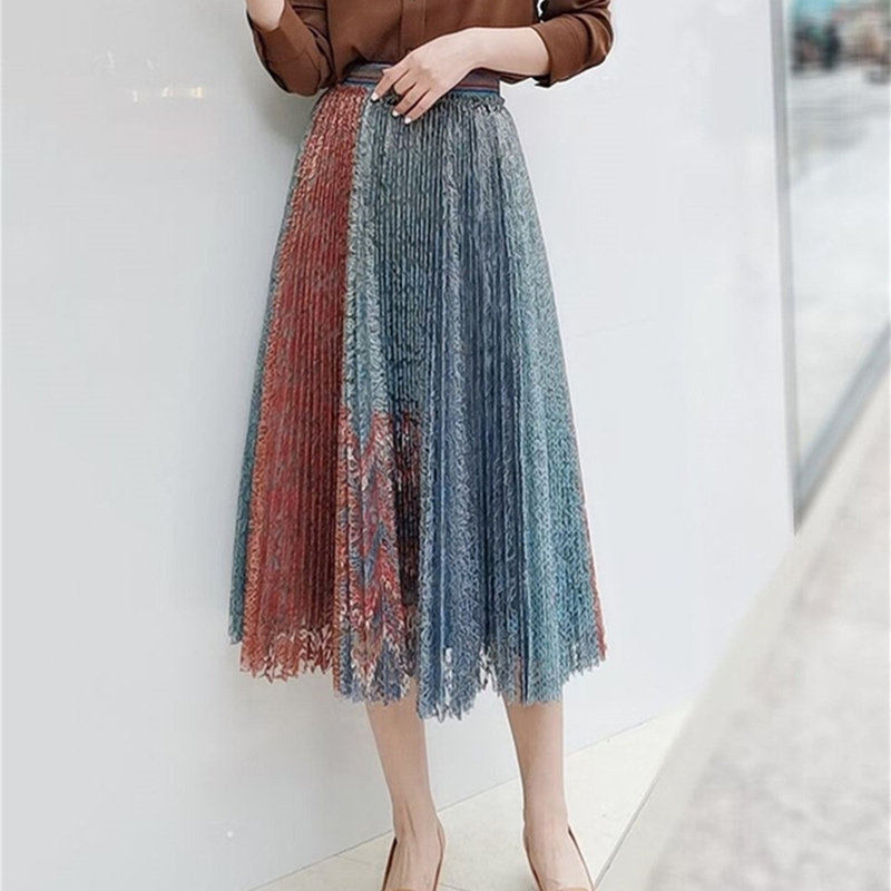 阿玛施旗舰店官网正品2020秋季新款百搭休闲拼色网纱百褶半身裙女