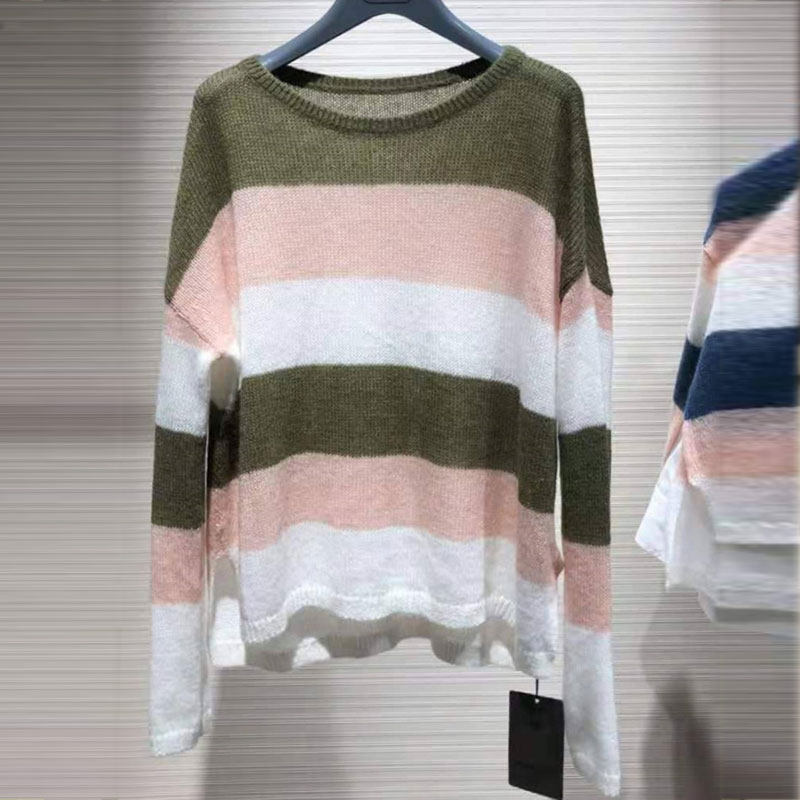 阿玛施旗舰店官网正品2020秋季新款百搭休闲宽松条纹圆领长袖毛衣