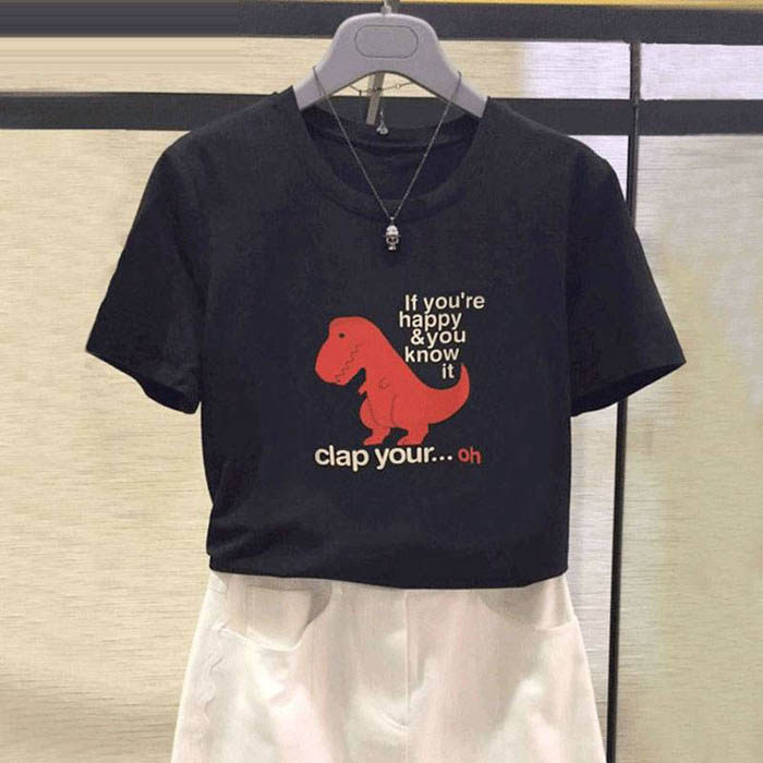 阿玛施旗舰店官网2020夏季新款圆领小恐龙印花短袖T恤简约上衣女