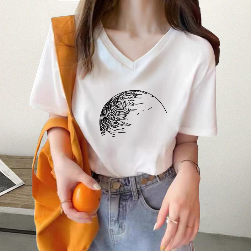 欧货正肩v领短袖t恤女2024新款夏季显瘦百搭鸡心领港味chin上衣潮
