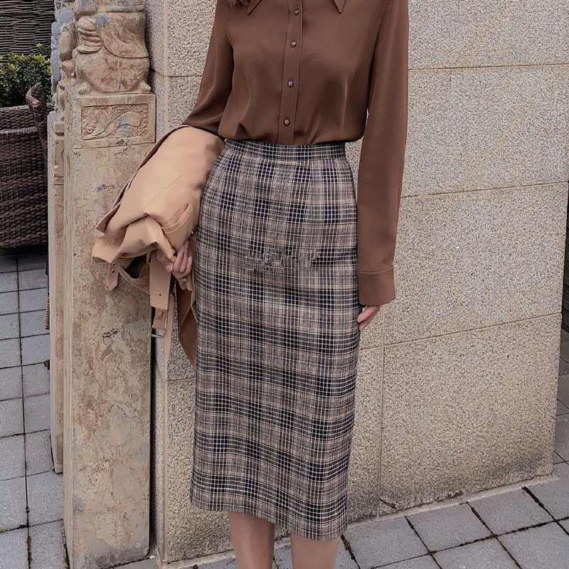 阿玛施旗舰店官网正品2020秋冬新款百搭高腰千鸟格中长款半身裙女