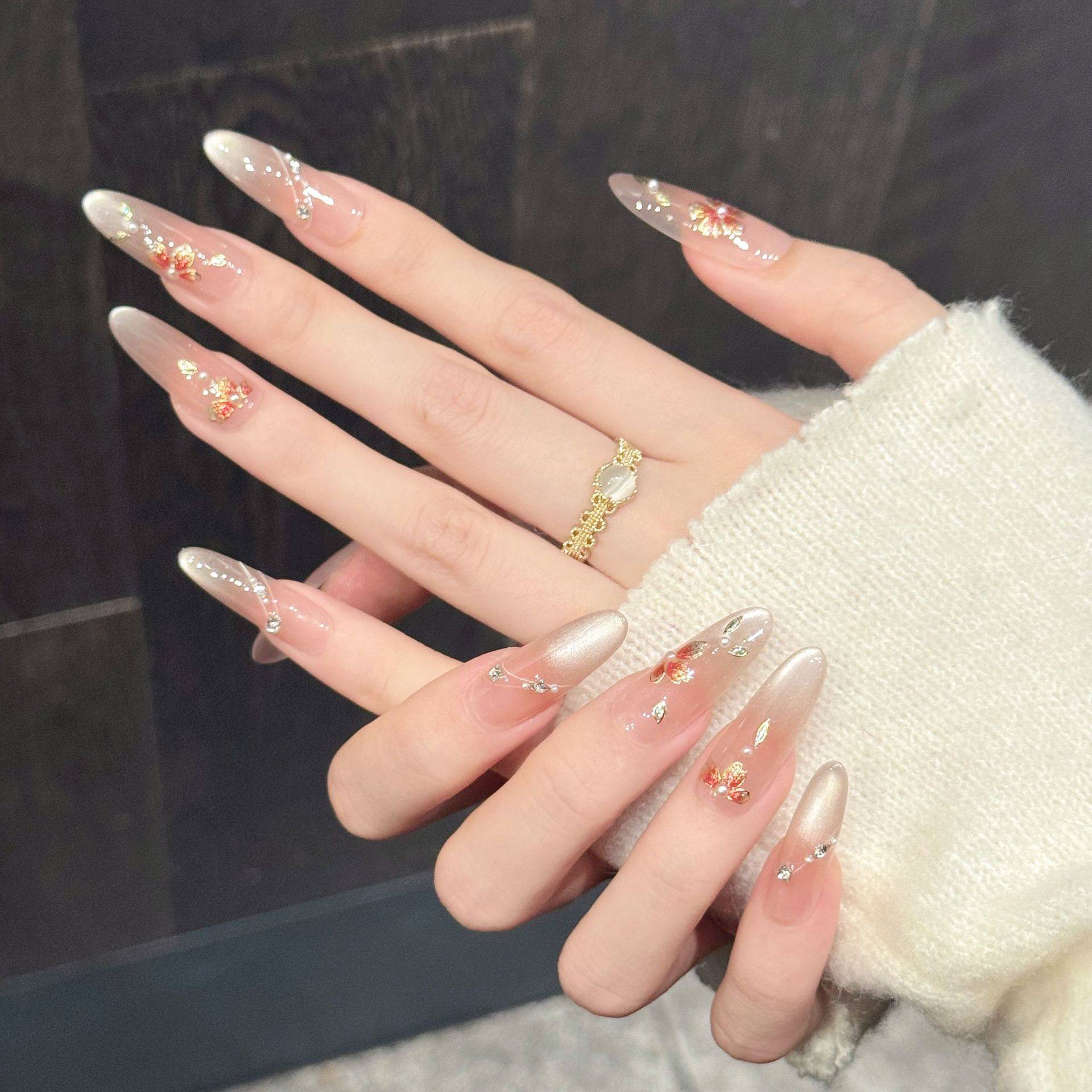 【芙蓉拌荷】纯手绘掐丝珐琅玻璃珠猫眼新中式国风美甲手工穿戴甲,彩妆/香水/美妆工具,穿戴甲/甲片,淘宝优惠券,粉丝福利购,淘宝优惠卷