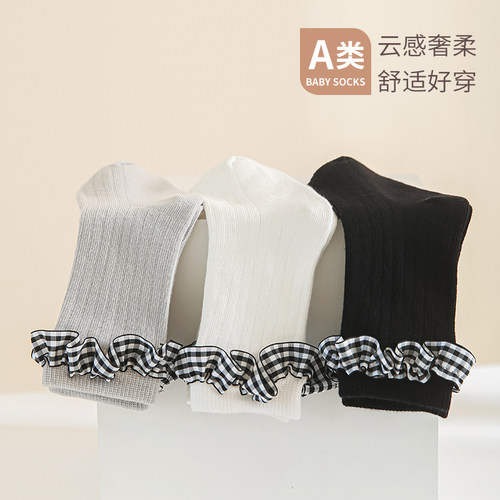 女宝宝春秋薄款婴儿花边棉袜短袜子新生儿无骨松口女童蕾丝公主袜
