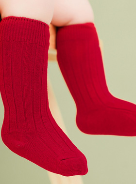 新生婴儿小袜子宝宝袜纯色中长筒春秋冬季大红色新年不勒腿松口袜