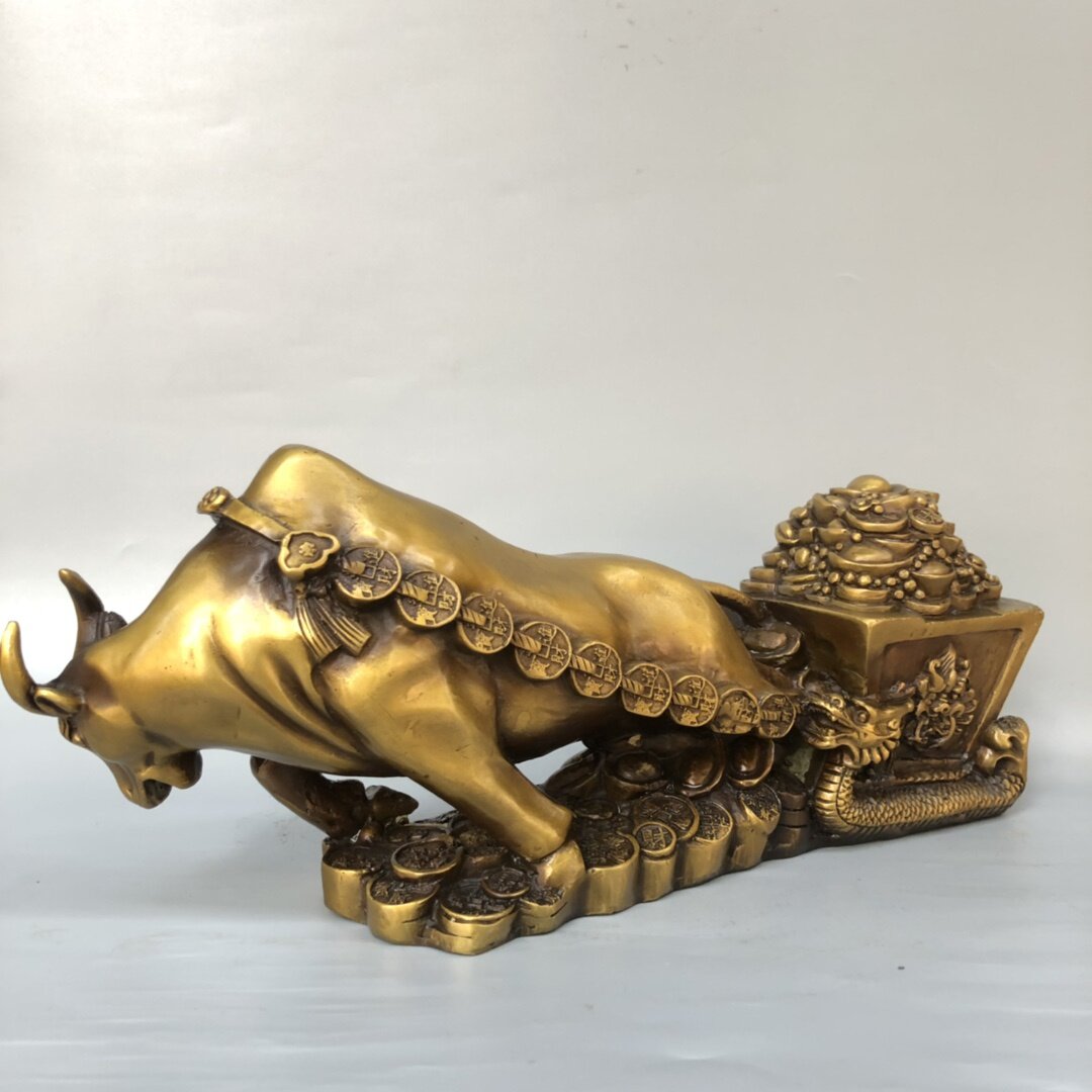 好货纯铜仿古牛拉车摆件金钱牛生肖牛聚宝盆风水装饰品办公室家居