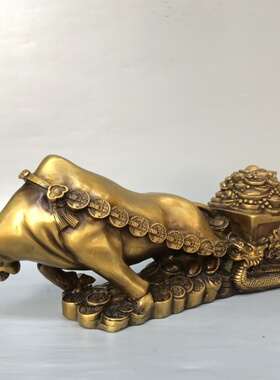 极速纯铜仿古牛拉车摆件金钱牛生肖牛聚宝盆风水T装饰品办公室家