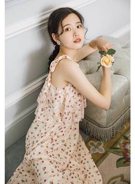 梅子熟子法式初恋裙小个子过膝裙子清新甜美仙女吊带雪纺连衣裙夏