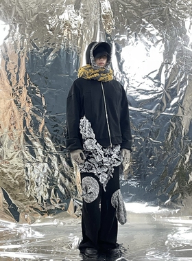 Pointless 23FW 多口袋羊毛拼接压花直筒微喇长裤