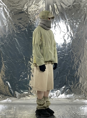 Pointless 23SS 设计师渔网花纹黄绿连帽拼色冲锋皮肤衣外套