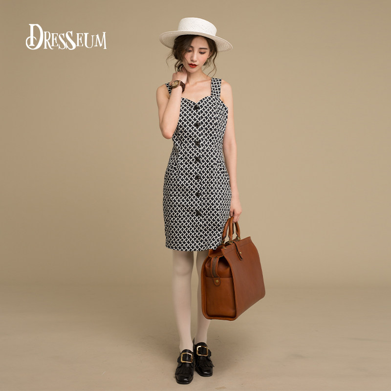 从前从前Dresseum 女人与手单排扣背带裙女夏复古长短吊带连衣裙