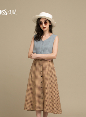 从前从前Dresseum 湖畔野餐单排扣伞裙女夏中长复古波点半身裙
