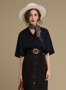 DRESSEUM 从前从前 白色藏蓝色短袖宽松休闲衬衫女