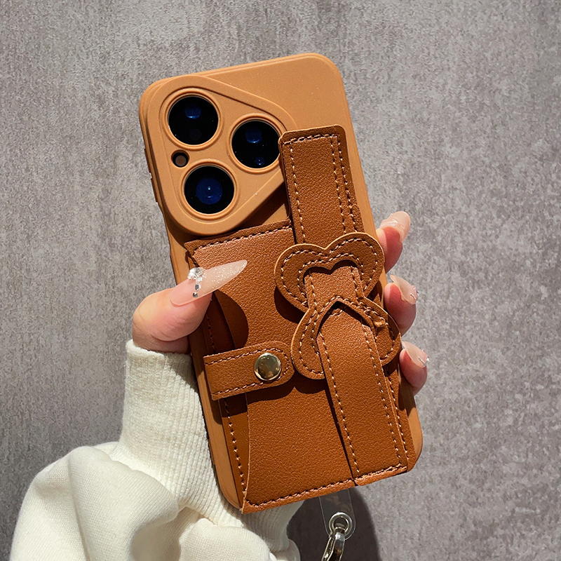 美拉德棕色爱心腕带侧开卡包适用华为Pura80手机壳P70Pro斜跨P60背带P50保护套P40全包防摔P80Ultra女款奢华