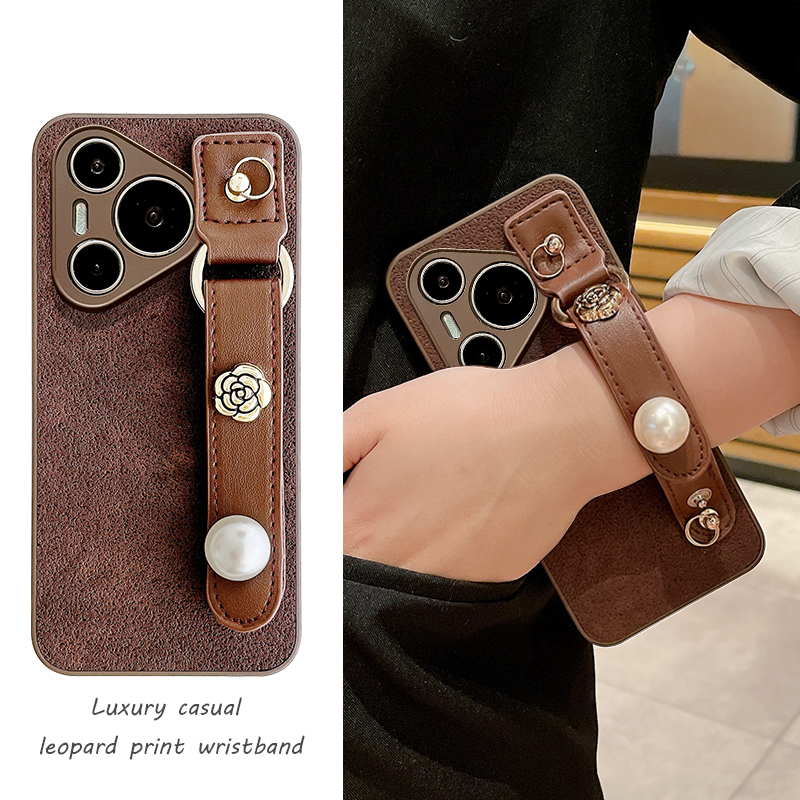 月坑纹山茶花珍珠腕带适用于华为P80Pro手机壳Pura70新款复古P60镜头全包P50斜跨背带P40防摔外壳P80ultra女