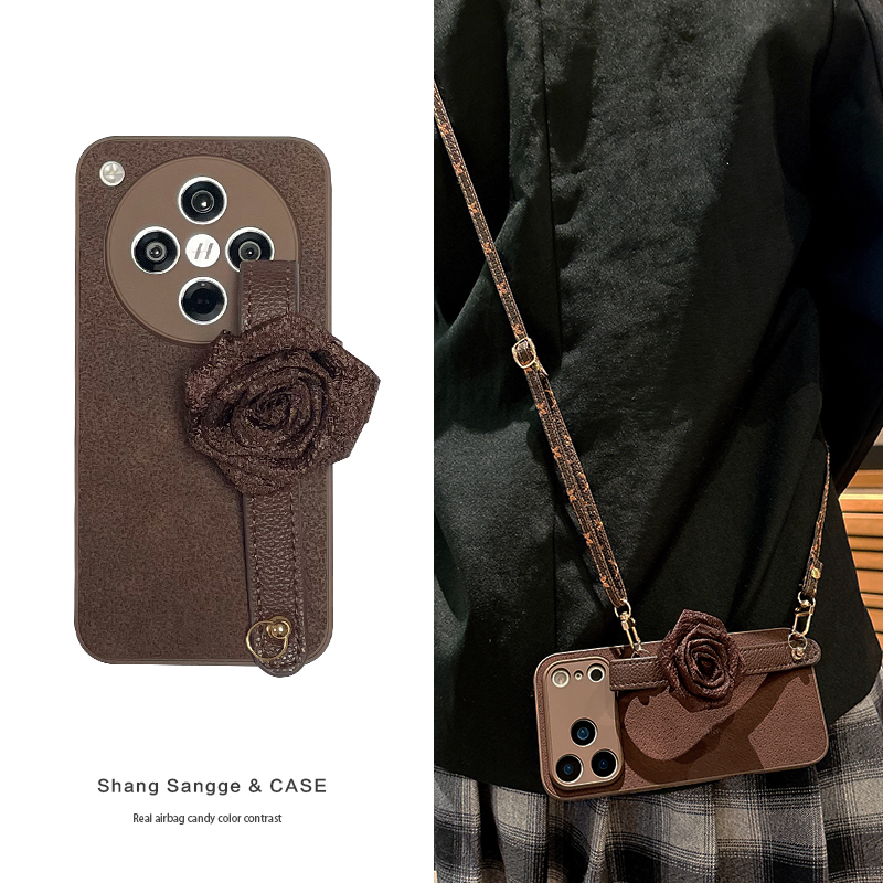 月坑纹玫瑰花腕带适用OPPOfindx8手机壳OPPOfindx9新款复古X7Pro斜跨可背X8S+高级感X6全包X5女款Ultra带挂绳