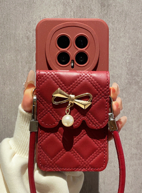 高级感酒红色蝴蝶结卡包适用华为荣耀Maic8手机壳Magic7保护套新款6Pro斜跨挂绳5背包式4全包X70防摔X60女X50