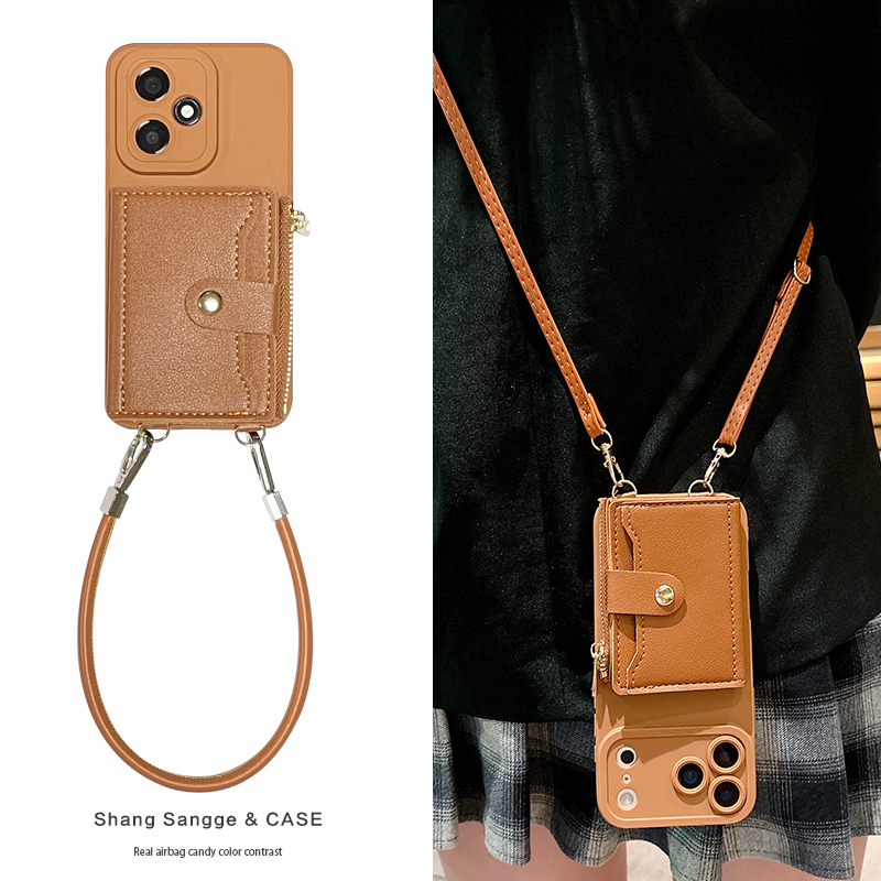 美拉德棕色侧开零钱卡包适用华为荣耀500手机壳400硅胶全包300Pro斜跨200背包式100Pro高级感90外壳80女款70