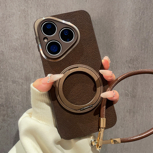 月坑纹皮质深咖色适用华为P80Pro手机壳Pura70新款360度旋转金属支架P60保护套P50复古P40高级Pro+全包Ultra