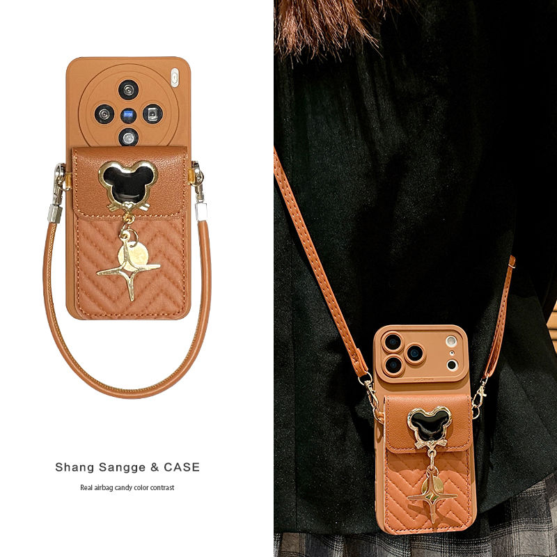 潮流棕色立体皮质卡包适用vivoX200手机壳X300Pro斜跨可背X100S背包式X200Ultra新款X90软硅胶X80全包X70女款