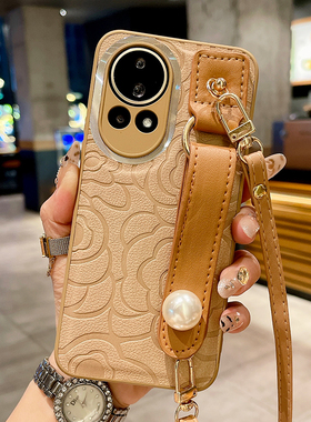 皮质山茶花适用华为nova15手机壳nove14保护套Nove13Pro新款腕带12斜跨背带11镜头全包10防摔9外壳8高级感女