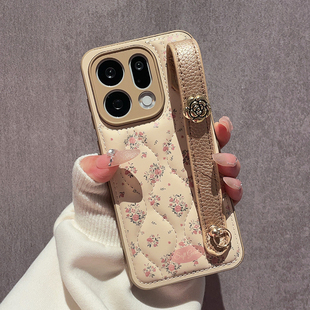 立体波浪山茶花腕带适用OPPOfindx9手机壳findx8Pro新款 皮质findx7ultra斜跨背带X6全包防摔X5高级感小香风女