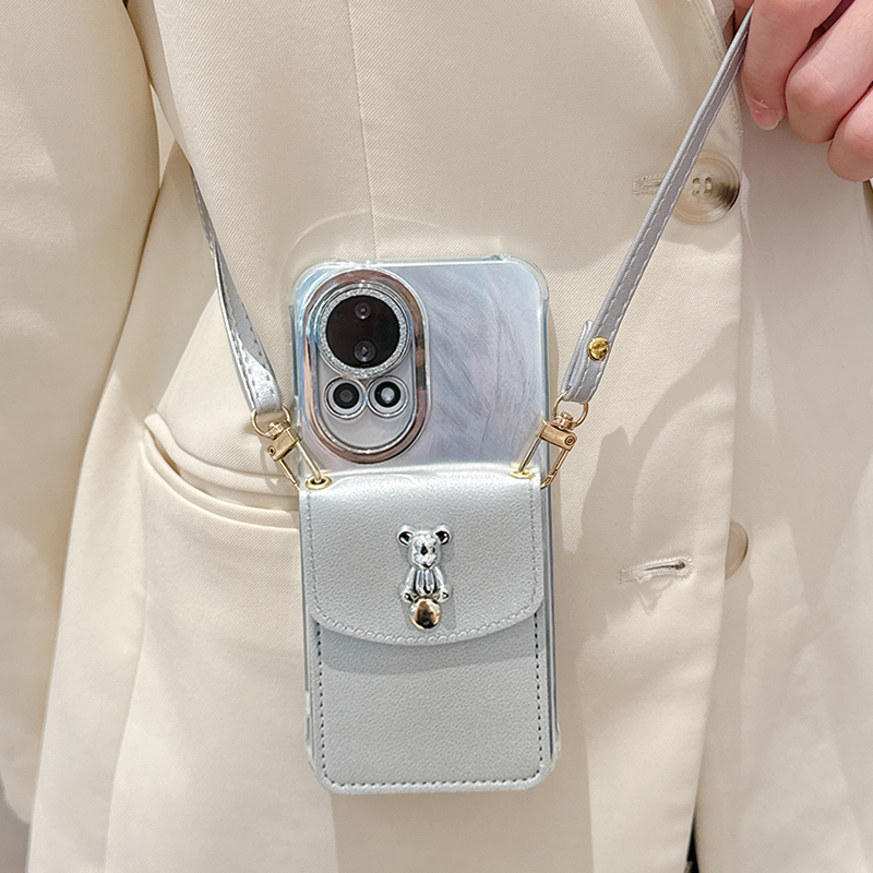 羽纱银色小熊卡包适用于华为nova14手机壳nove13新款高级感novo12斜跨背包式11Pro全包镜头膜10防摔9外壳8女7