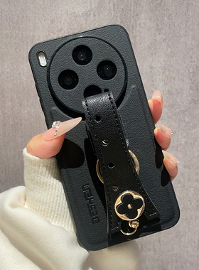 黑色皮纹适用vivoX300手机壳vivoX200保护套X100Pro新款X200S山茶花腕带X200Ultra斜跨背带式全包防摔小众女