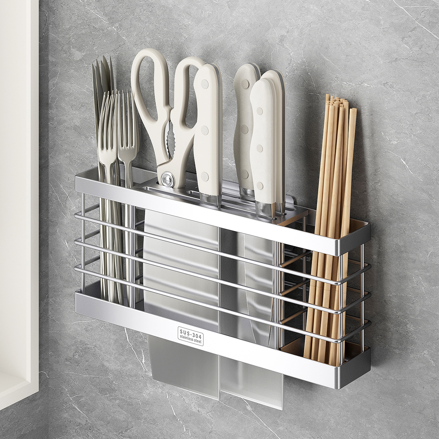壁挂式刀架置物架厨房304不锈钢刀具收纳架筷子筒一体上墙沥水架