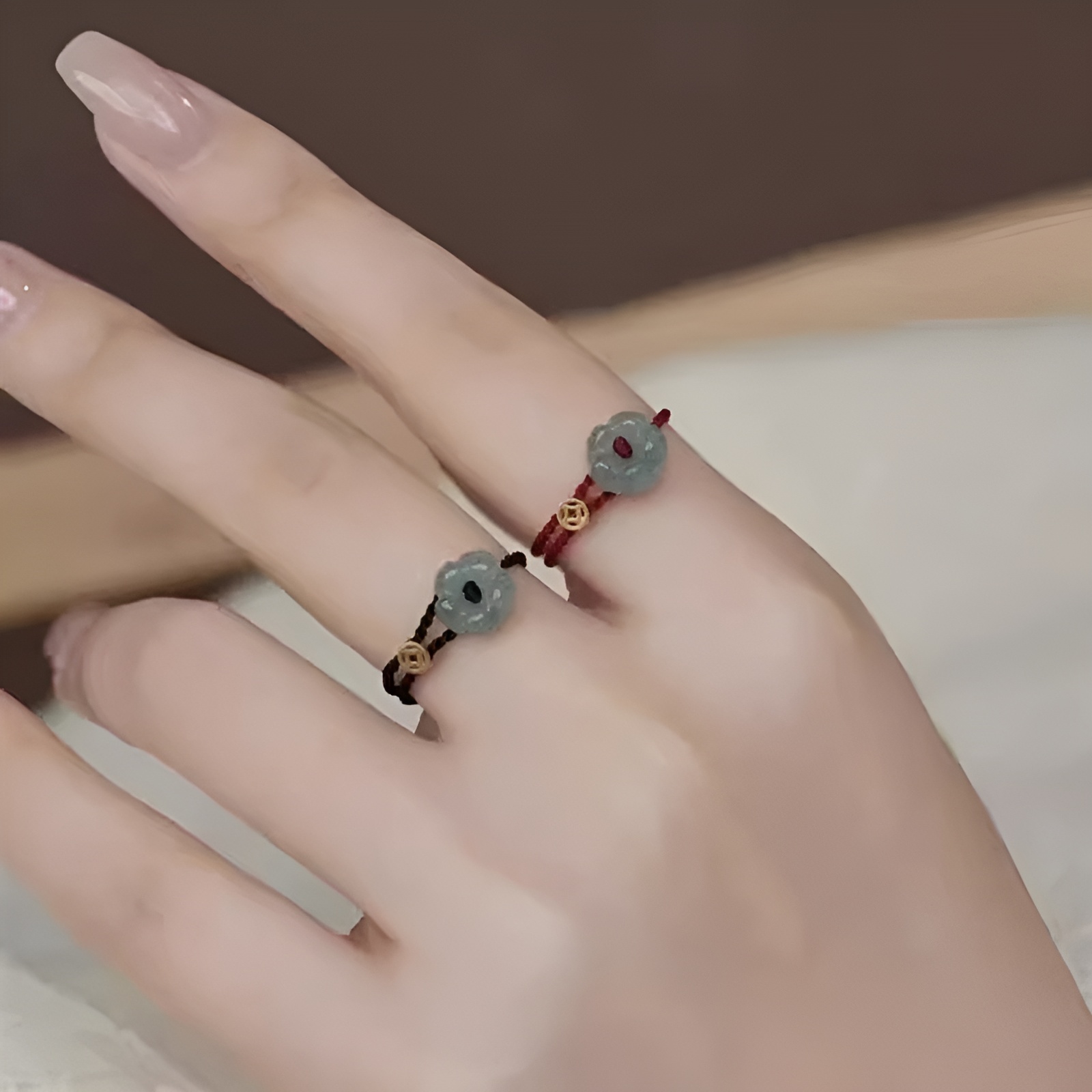 独特花朵钱币编织绳戒指女