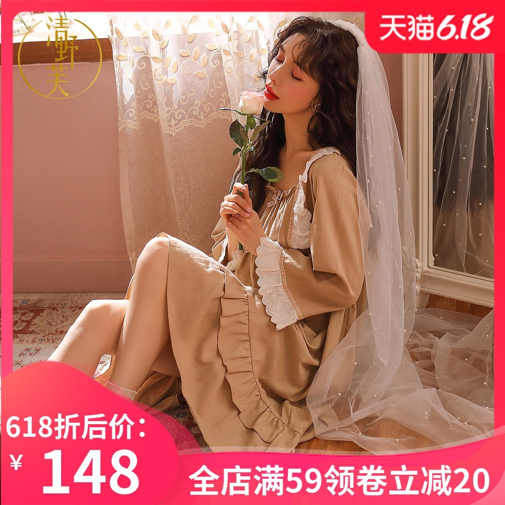 3清野芙蕾丝睡裙女夏纯棉长袖薄款长款过膝公主风春秋宽松外穿睡衣