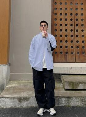 Batterup春秋外套日系宽松条纹拼接水滴袖纯棉休闲长袖衬衫男潮牌