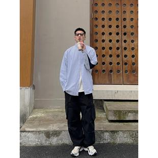 Batterup春秋外套日系宽松条纹拼接水滴袖纯棉休闲长袖衬衫男潮牌