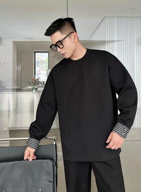 22号穿搭【黑色出差日】设计师款假两件拼接长袖t恤男内搭打底衫