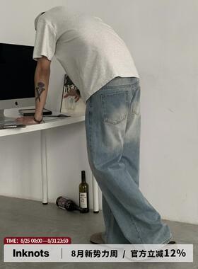 INKNOTS美式复古vintage水洗直筒浅蓝色牛仔裤男女cleanfit裤子潮